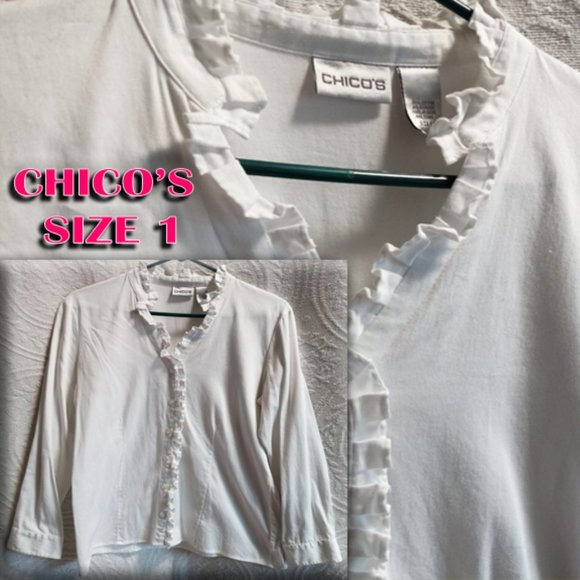 Chico's White Button Down Blouse W/Ruffled Neck & Placquet Size 1 Or Med (T-213) - Picture 1 of 9